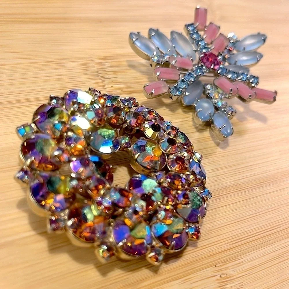 Set of 2 Antique Vintage Brooches Large Decorative Rhinestone Pins Blazer Jacket